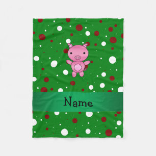 Personalized name pig green white red polka dots fleece blanket