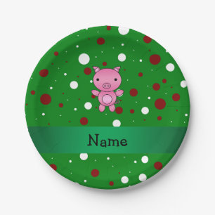 Personalized name pig green white red polka dots paper plate
