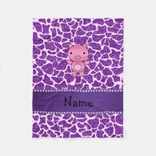 Personalized name pig purple glitter giraffe print fleece blanket