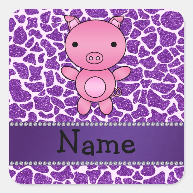Personalized name pig purple glitter giraffe print square sticker (Front)