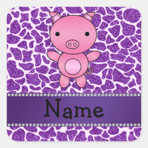 Personalized name pig purple glitter giraffe print square sticker