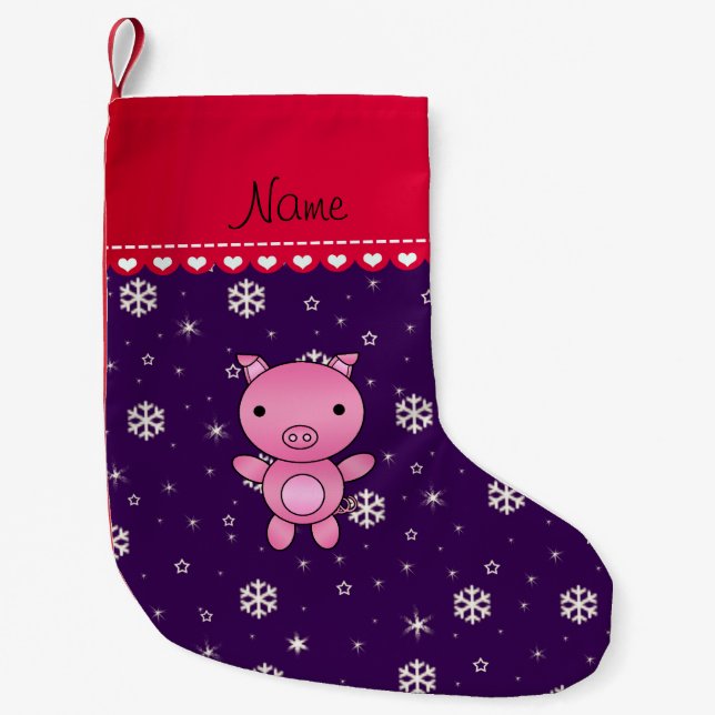 Personalized name pig purple snowflakes small christmas stocking (Front)