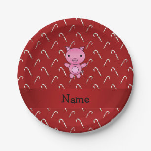 Personalized name pig red candy canes paper plate