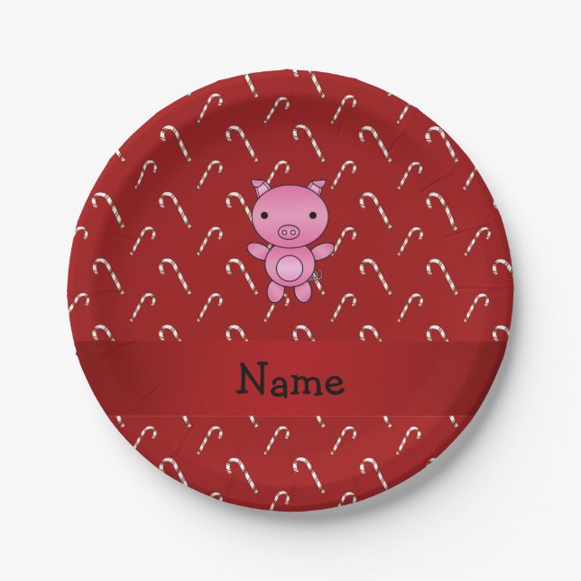 Personalized name pig red candy canes paper plate (Front)
