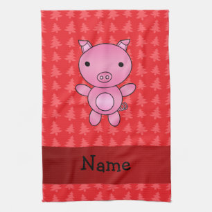 Personalized name pig red christmas trees kitchen towel