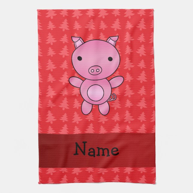 Personalized name pig red christmas trees kitchen towel (Vertical)