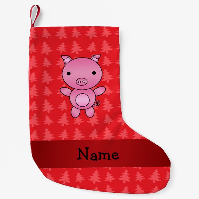 Personalized name pig red christmas trees small christmas stocking (Front)