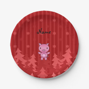 Personalized name pig red christmas trees stripes paper plate