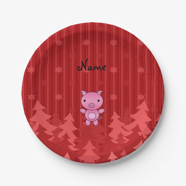 Personalized name pig red christmas trees stripes paper plate (Front)