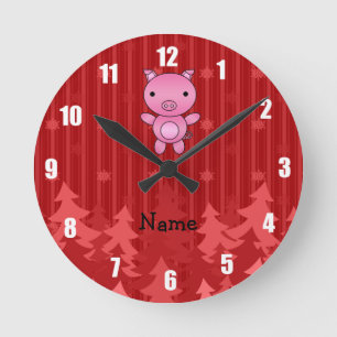 Personalized name pig red christmas trees stripes round clock