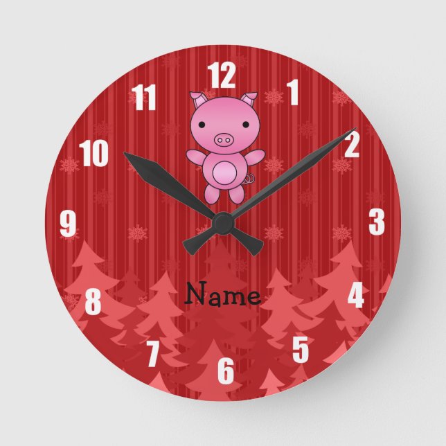 Personalized name pig red christmas trees stripes round clock (Front)
