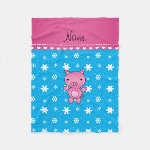 Personalized name pig sky blue snowflakes fleece blanket