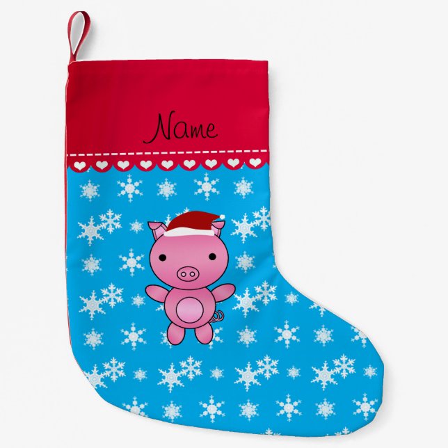 Personalized name pig sky blue snowflakes small christmas stocking (Front)