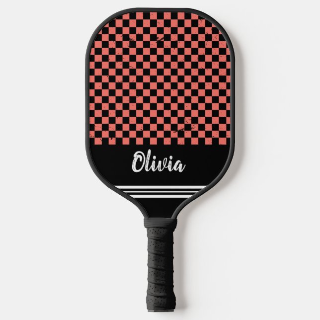 Personalized Name pink and black Chequered Pattern Pickleball Paddle (Front)
