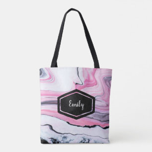 Personalized name pink and black marble tote bag