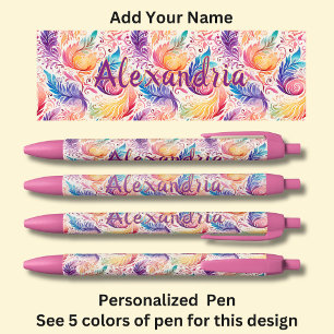 Personalized Name Pink Aqua Blue Paisley Feathers Black Ink Pen