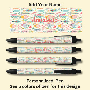 Personalized Name, Pink Aqua Boho Feathers Black Ink Pen