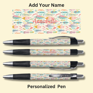 Personalized Name, Pink Aqua Boho Feathers Pen