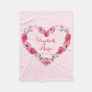 Personalized Name Pink Baby Girl Floral Monogram Fleece Blanket