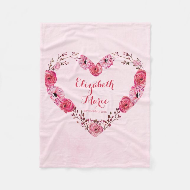 Personalized Name Pink Baby Girl Floral Monogram Fleece Blanket (Front)