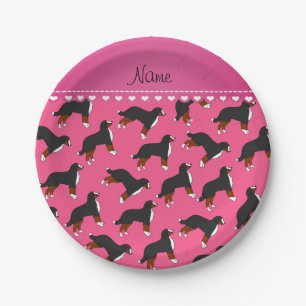 Personalized name pink Bernese Mountain dogs Paper Plate