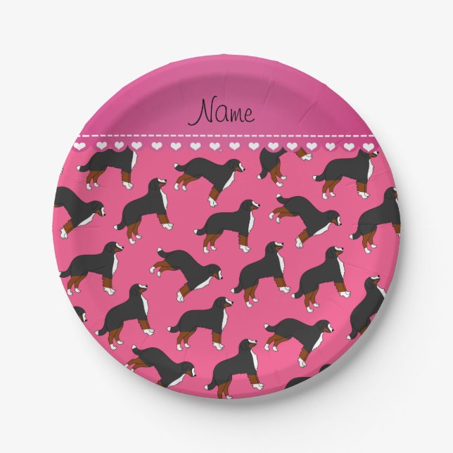 Personalized name pink Bernese Mountain dogs Paper Plate (Front)