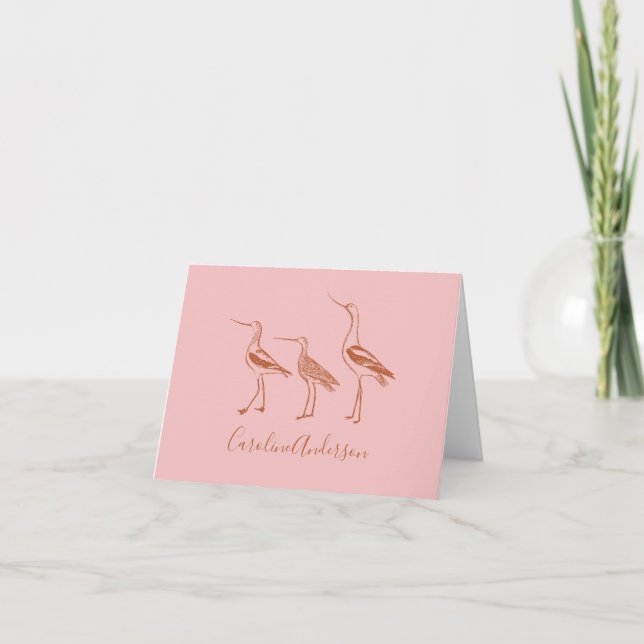 Personalized Name Pink Bird Art Illustration Boho Note Card (Front)