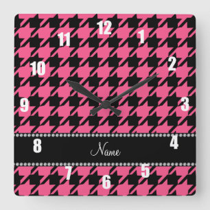 Personalized name pink black houndstooth square wall clock