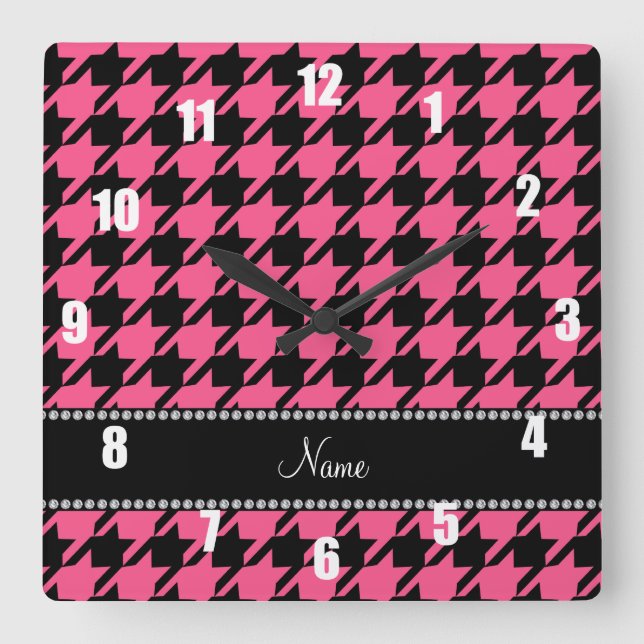 Personalized name pink black houndstooth square wall clock (Front)