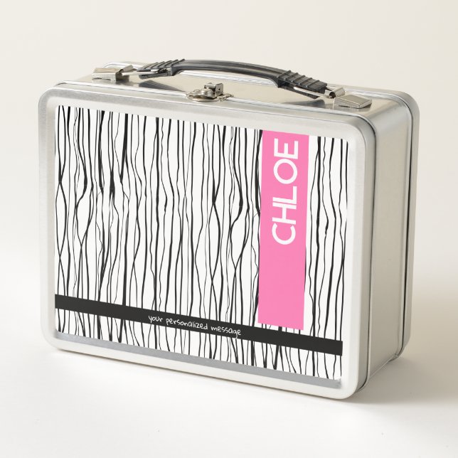 Personalized Name Pink & Black Modern  Metal Lunch Box (Front)