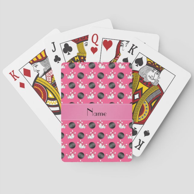 Personalized name pink bowling pattern playing cards (Back)
