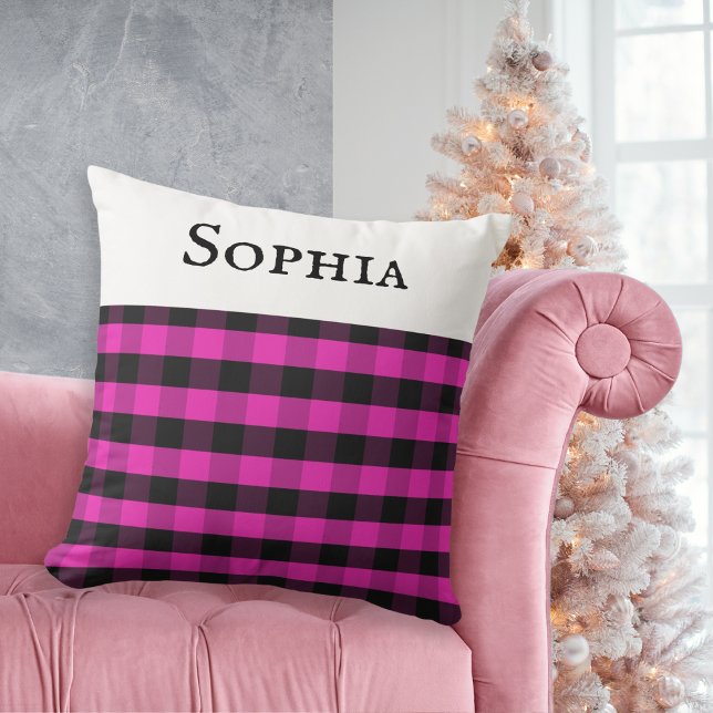 Personalized Name Pink Buffalo Plaid Check Pattern Throw Pillow (A cushion with buffalo plaid check pattern, in pink and black. Personalize with a name at the top.)