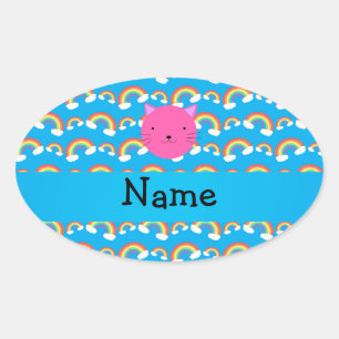 Personalized name pink cat face blue rainbows patt oval sticker
