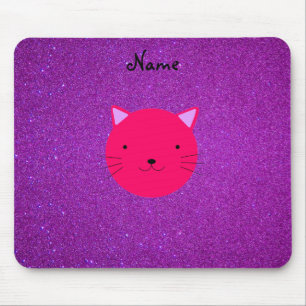 Personalized name pink cat face purple glitter mouse pad