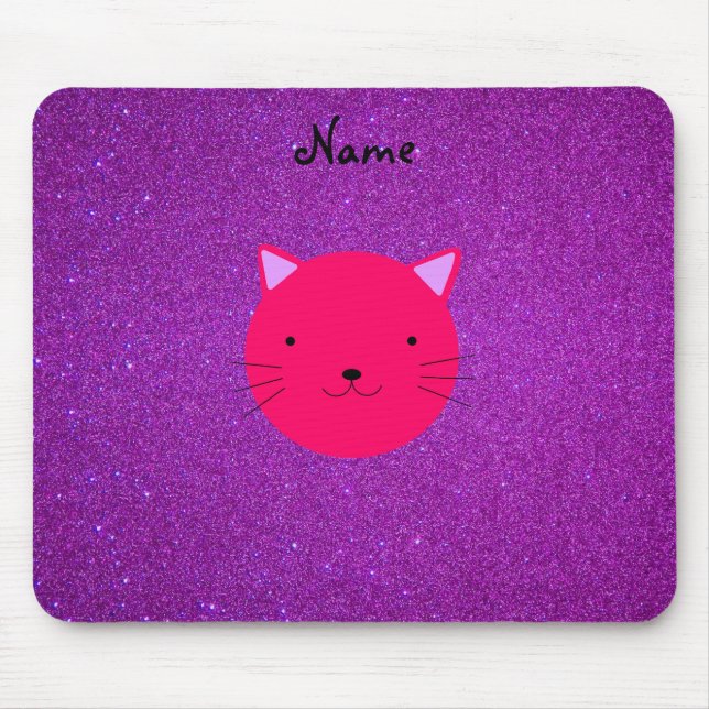 Personalized name pink cat face purple glitter mouse pad (Front)