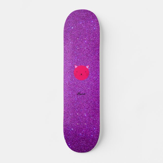 Personalized name pink cat face purple glitter skateboard (Front)