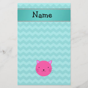 Personalized name pink cat face turquoise chevrons stationery