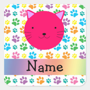 Personalized name pink cat rainbow paws square sticker