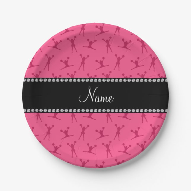 Personalized name pink cheerleader pattern paper plate (Front)