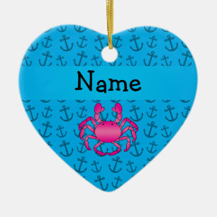 Personalized name pink crab blue anchors pattern ceramic ornament