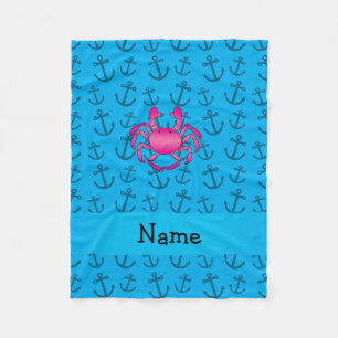Personalized name pink crab blue anchors pattern fleece blanket