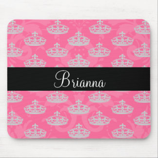 Personalized Name Pink Damask Diamond Crown Mouse Pad