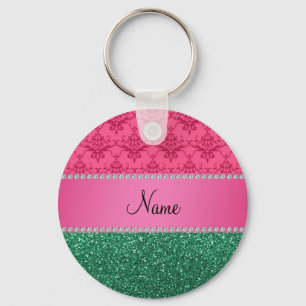 Personalized name pink damask green glitter keychain