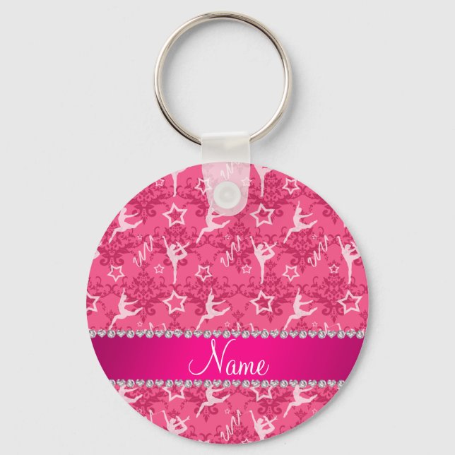 Personalized name pink damask gymnastics keychain (Front)