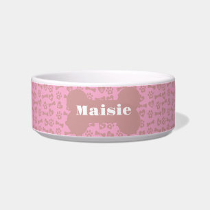 Personalized Name Pink Dog Bones Paws And Hearts  Bowl