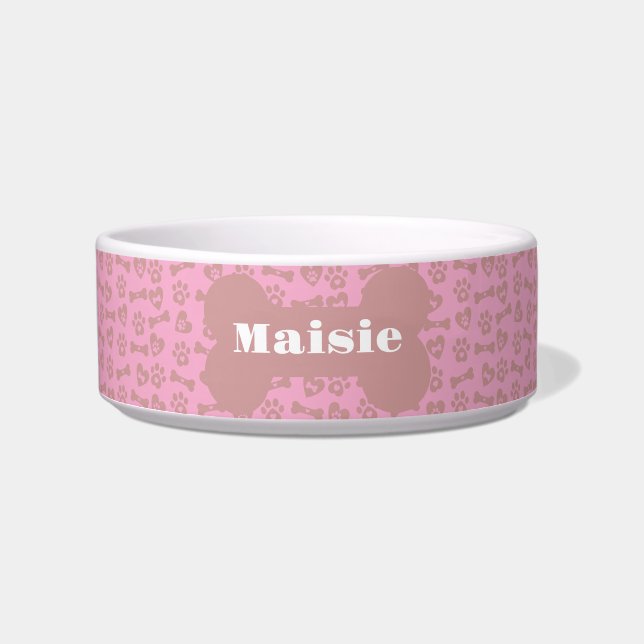 Personalized Name Pink Dog Bones Paws And Hearts  Bowl (Front)
