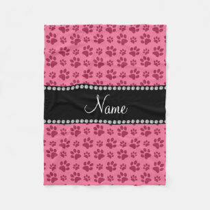 Personalized name pink dog paw prints fleece blanket