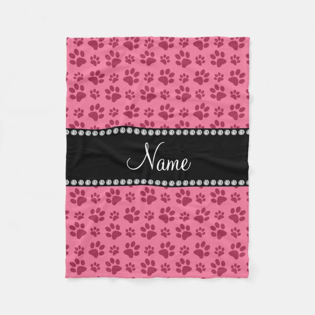 Personalized name pink dog paw prints fleece blanket (Front)