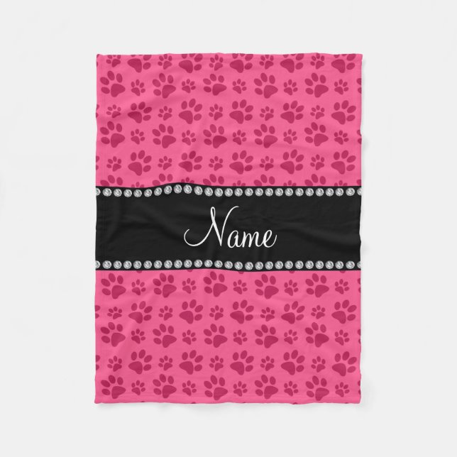 Personalized name pink dog paw prints fleece blanket (Front)
