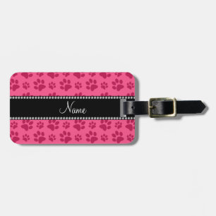 Personalized name pink dog paw prints luggage tag